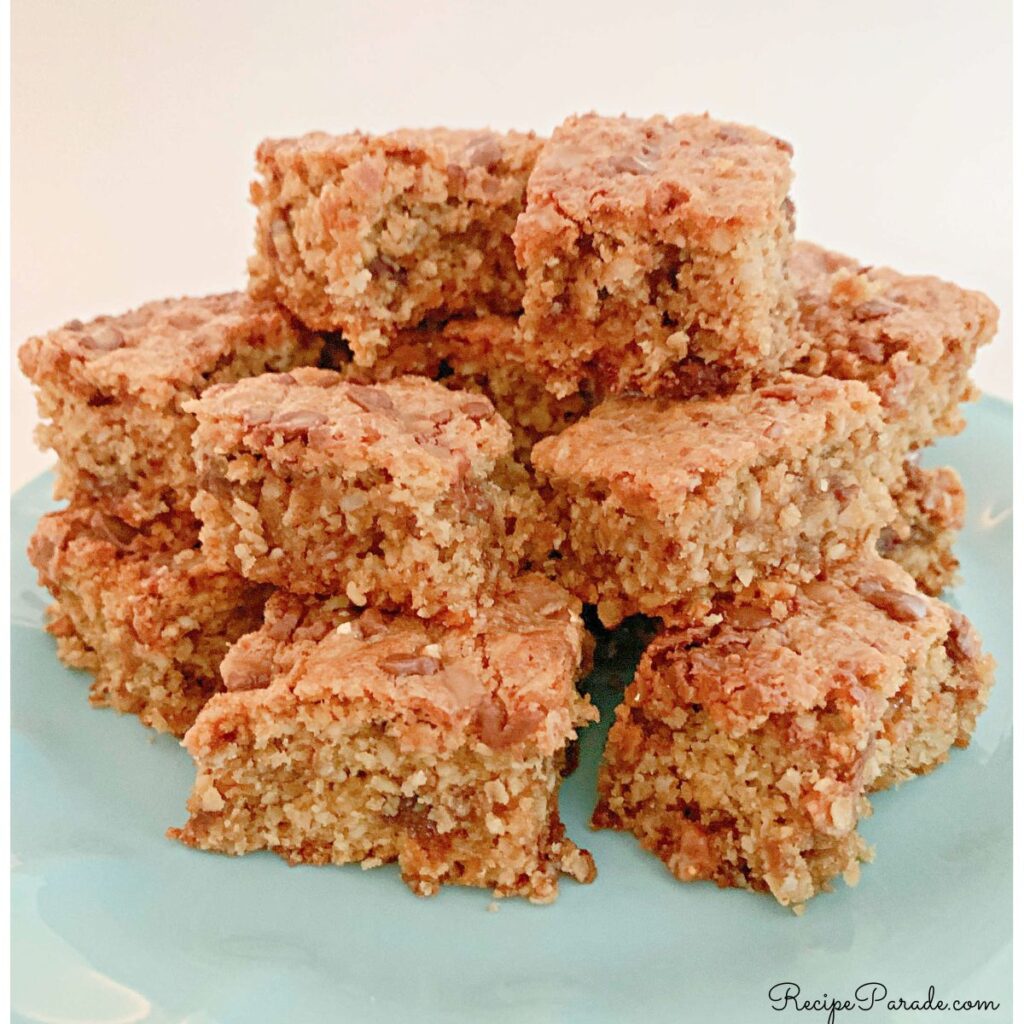 Stack of Oatmeal Toffee Bars on a blue plate.