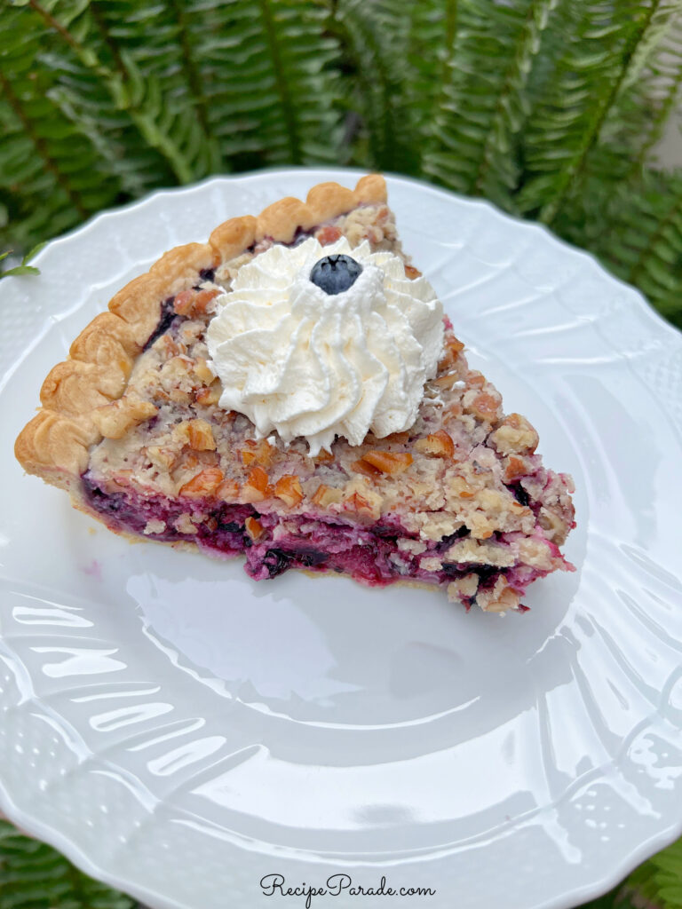 Slice of blueberry pie on a white plate, topped with whipped cream.