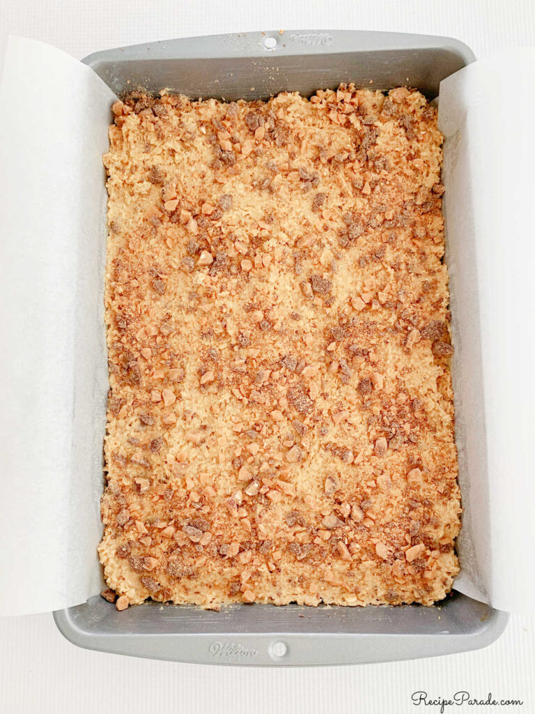 Oatmeal Toffee Bars batter in pan.