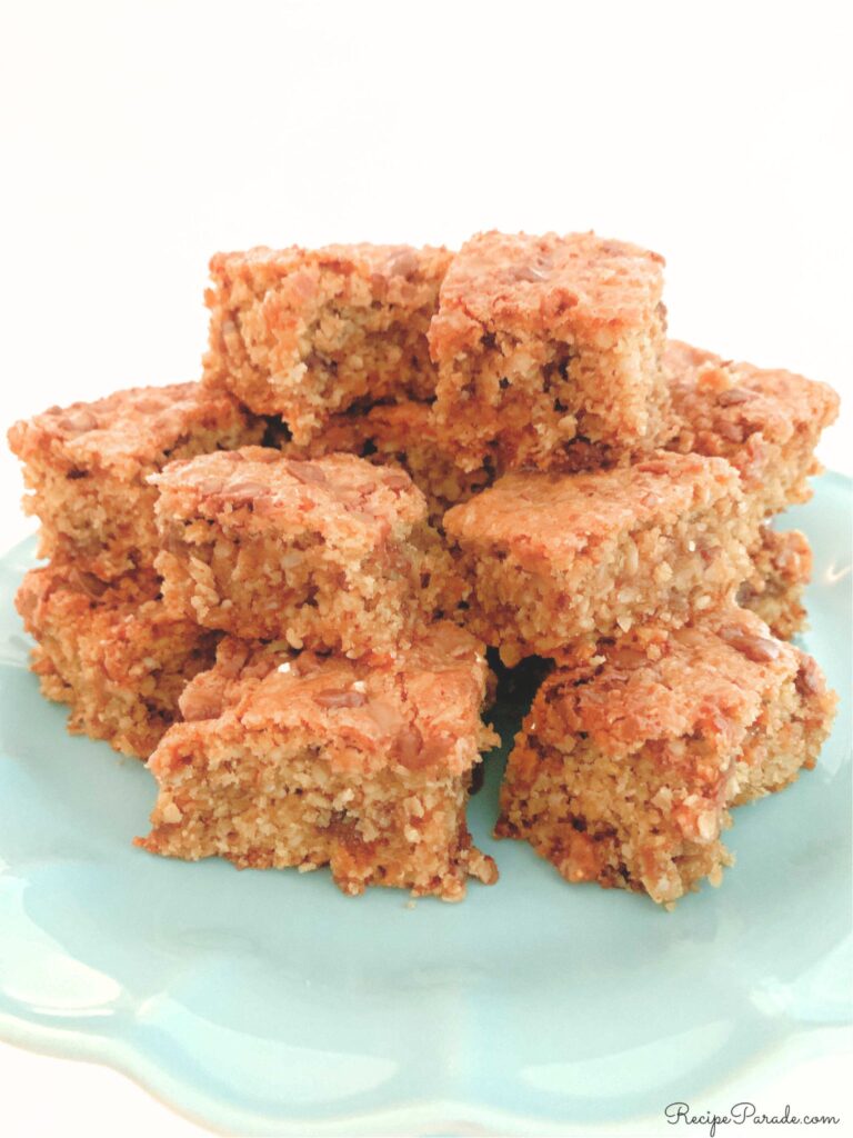 Oatmeal Toffee Bars on a pedestal.