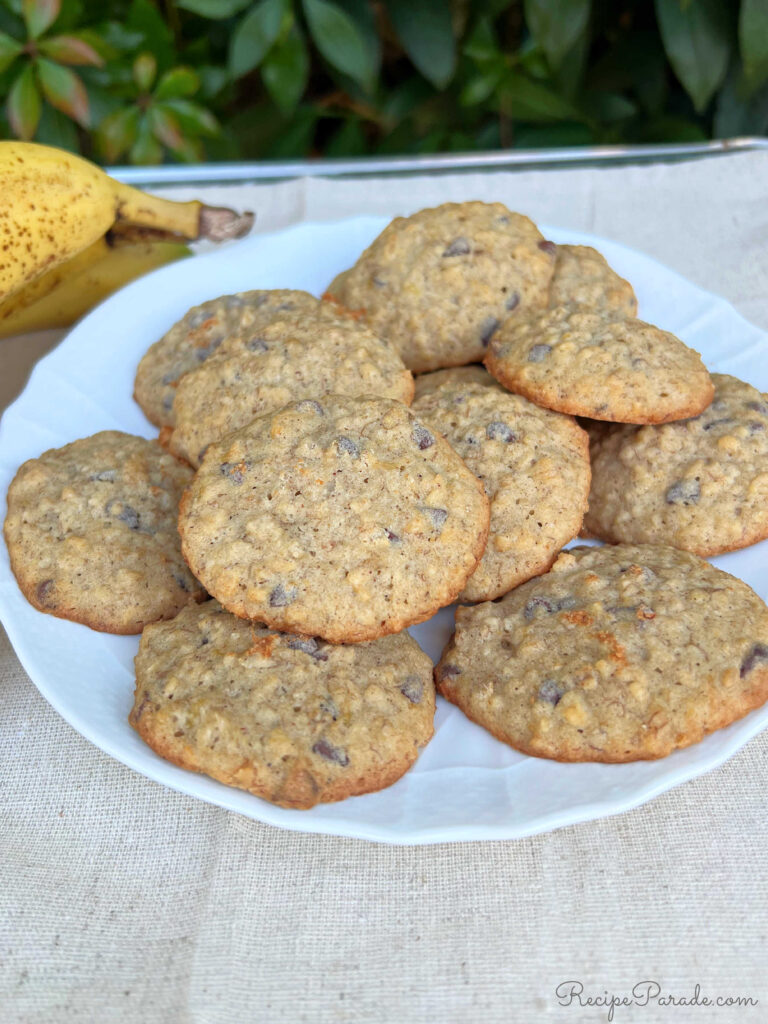 Banana Chocolate Chip Oatmeal Cookies on a platter.
