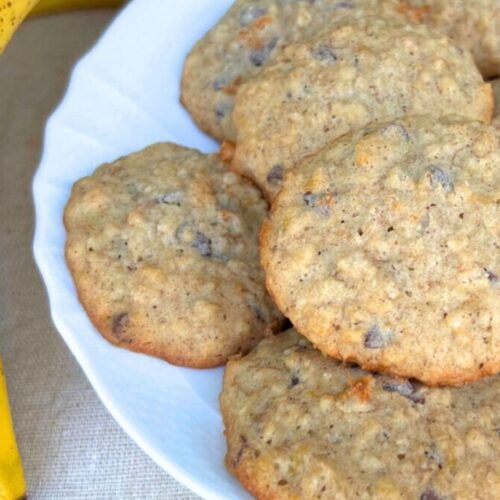 Banana Oatmeal Chocolate Chip Cookies on a plate.