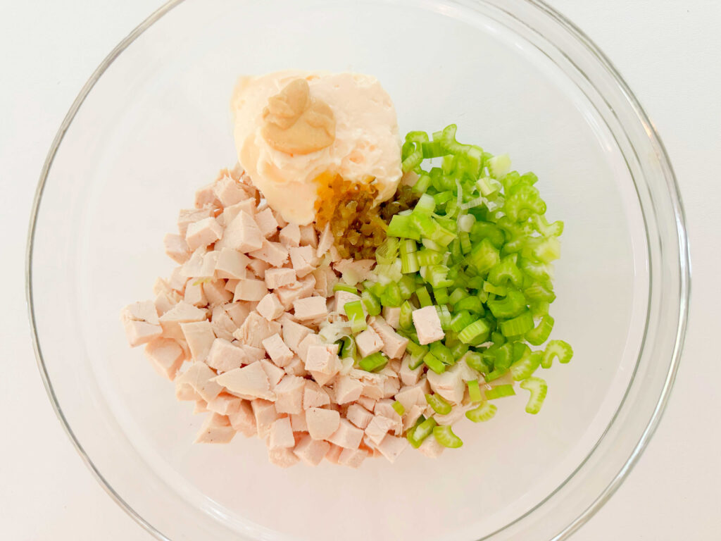 Bowl of Chicken Salad ingredients.