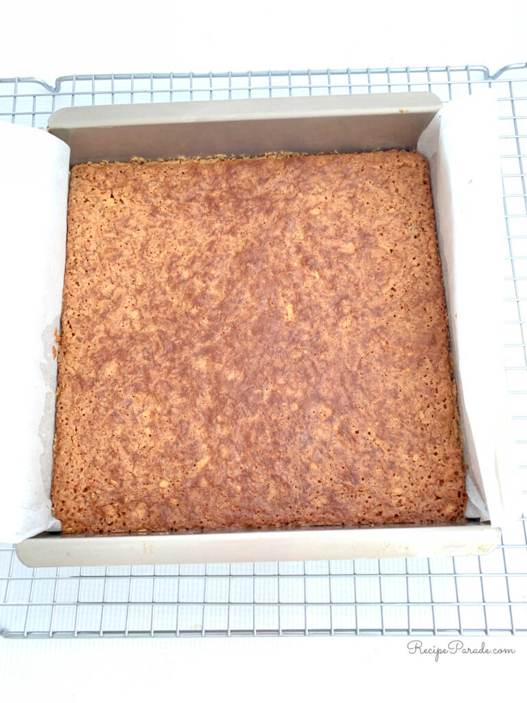 Freshly baked dream bars in the pan.