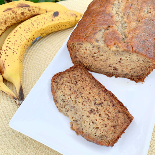 Sliced Cream Cheese Banana Bread on a Plate.