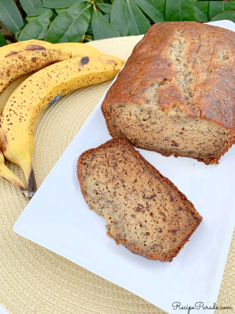 Sliced Cream Cheese Banana Bread on a Plate.