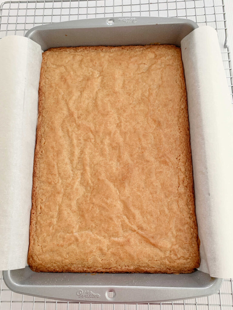 Freshly baked blondies, still in pan.