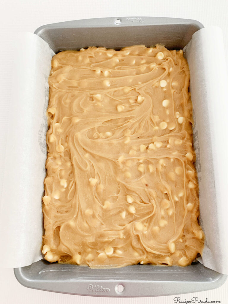 Batter for blondies in a baking pan.