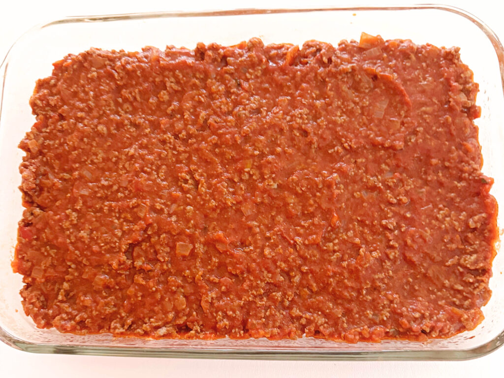 Cheesy Pasta Bake in a casserole dish.