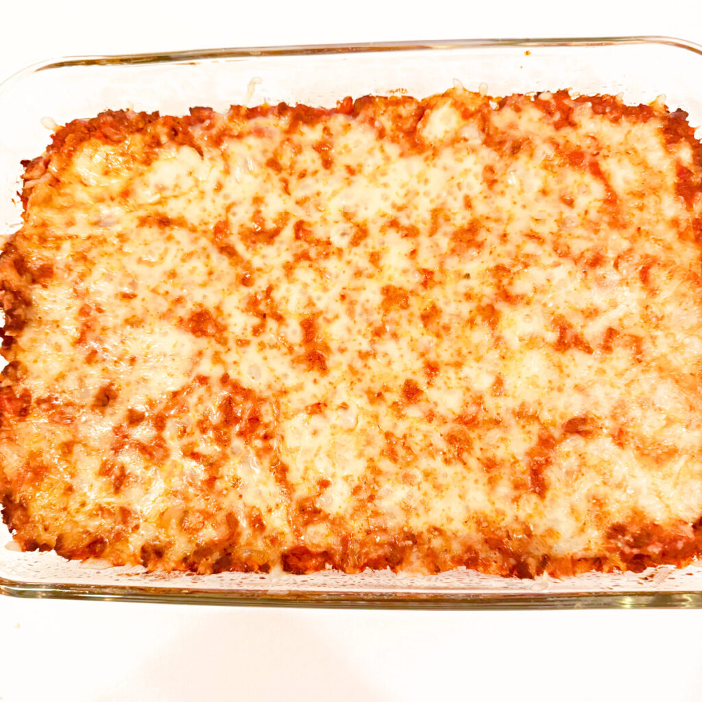 Freshly baked cheesy pasta bake.