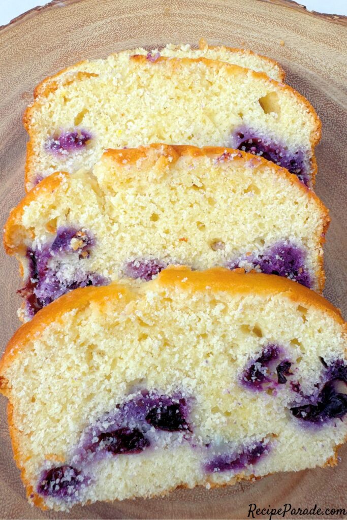 Closeup of slices of Lemon Blueberry Bread.