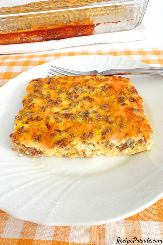 Slice of Egg and Sausage Casserole on a plate.