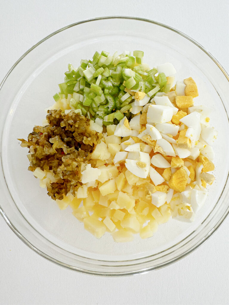 Ingredients for Potato Salad in a Bowl.