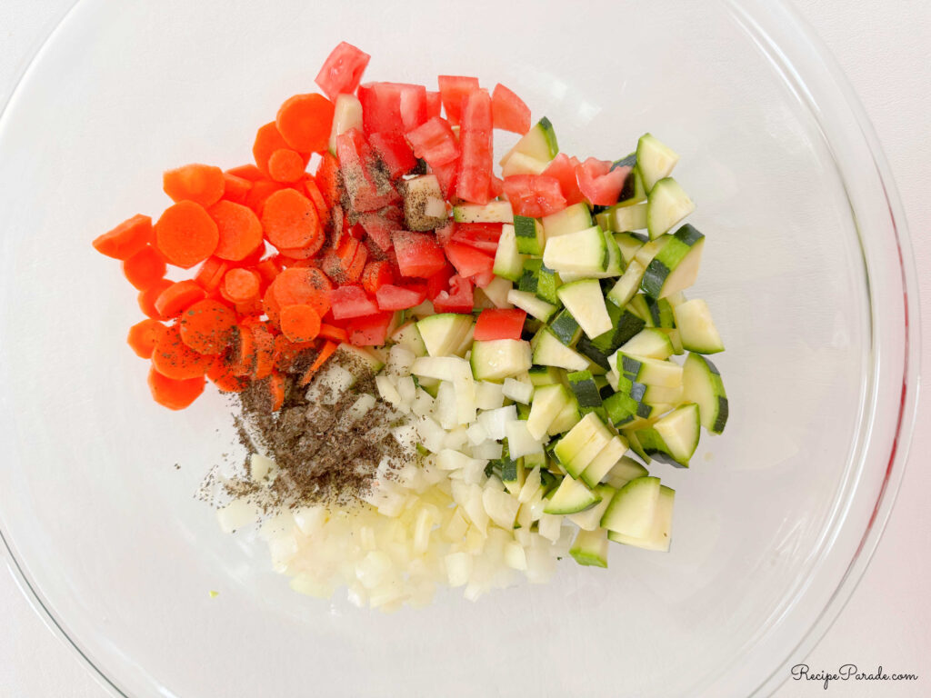 Bowl of sliced vegetables.