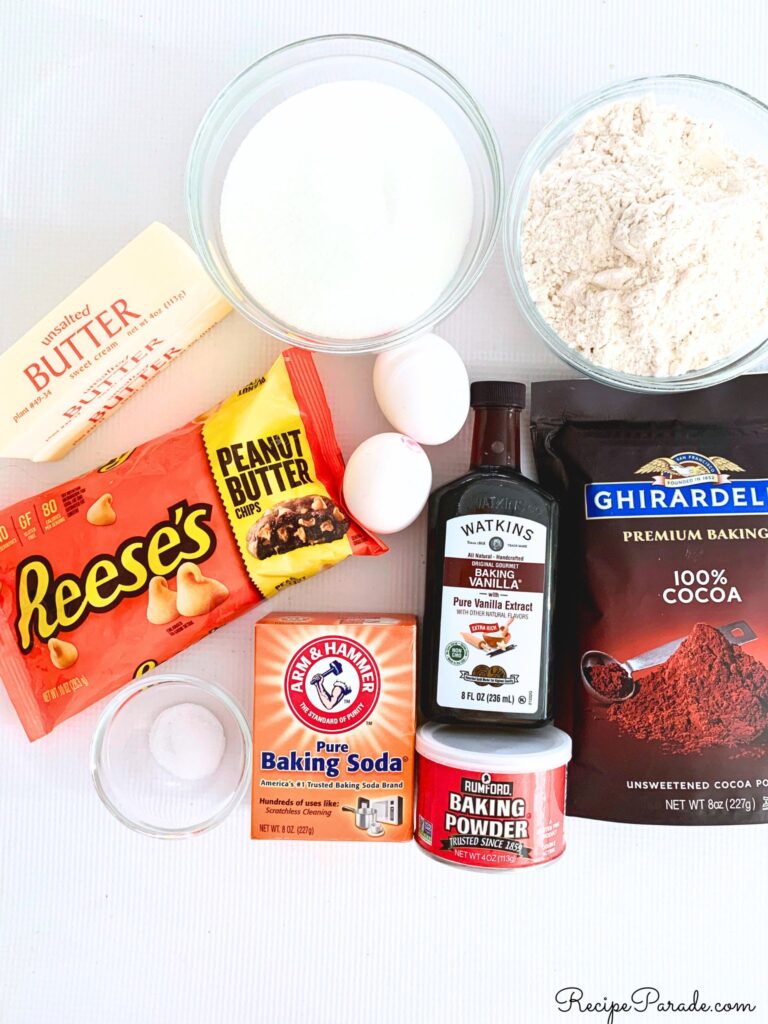 Ingredients for Chocolate Peanut Butter Chip Cookies.