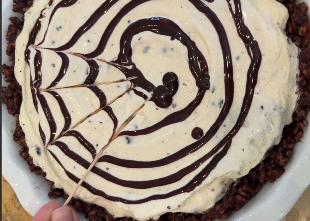 Creating the chocolate pattern on top of the pie.