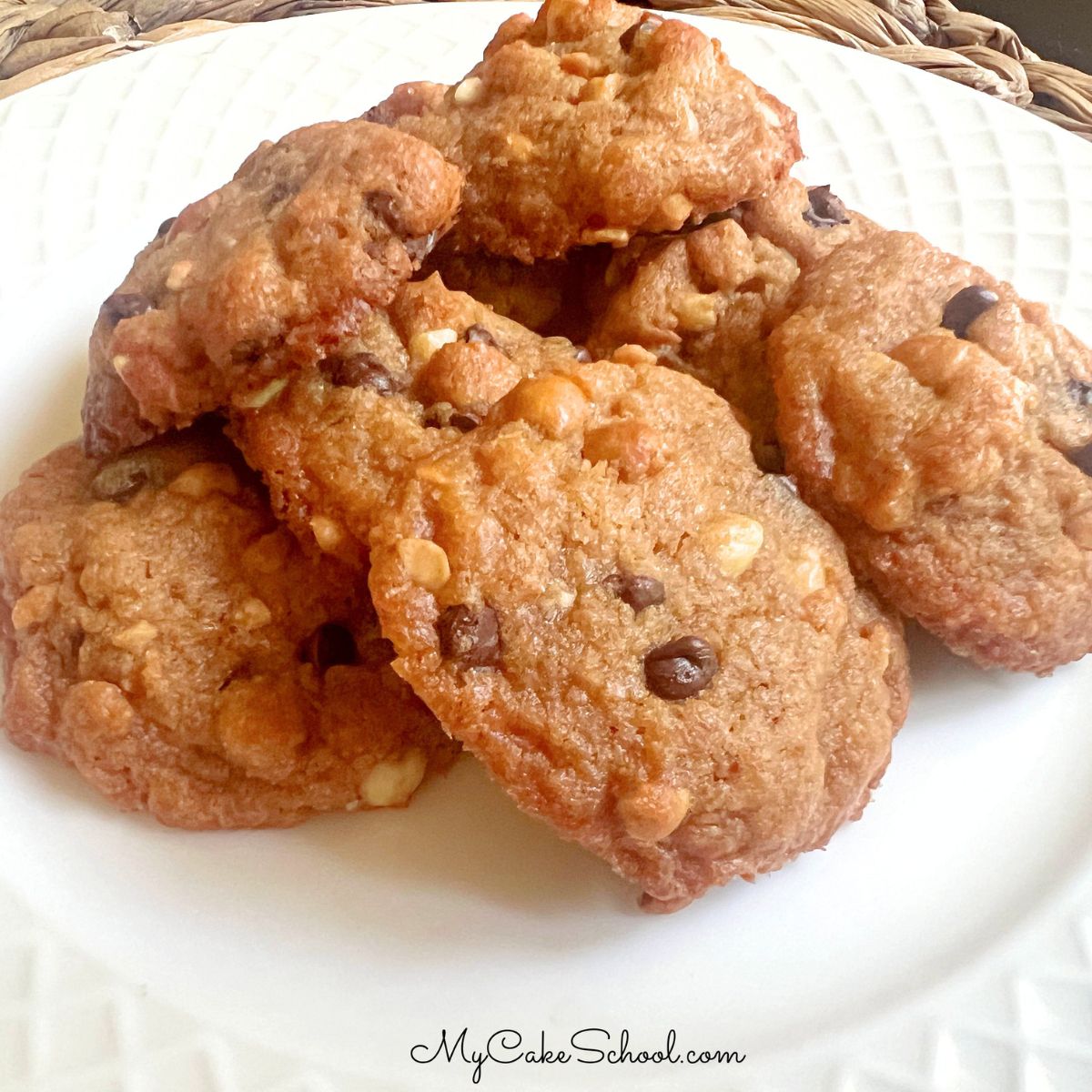 Plate of Flourless Peanut Butter Chocolate Chip Cookies.